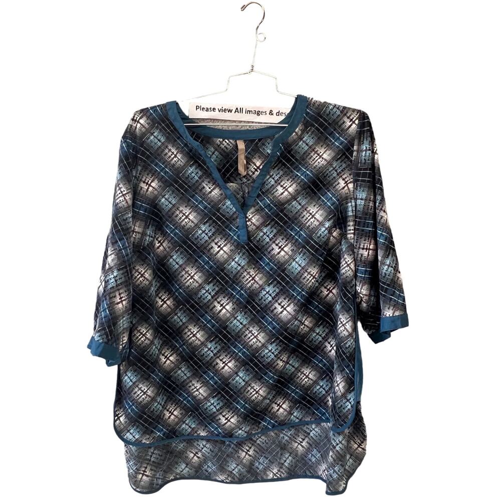 Pennington’s Blouse Plus size 3X Women's Top blue teal black V neck Relax